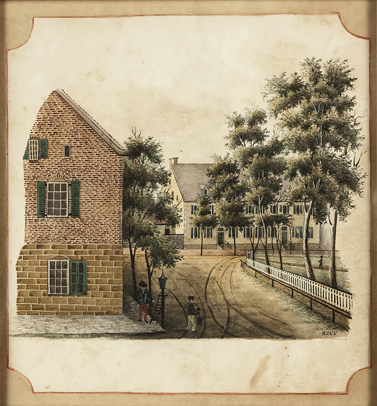 View of the Corner of Academy and Main Street 1846-1849 Henry Jacob Van Vleck (1823-1906) Salem, North Carolina Watercolor and ink on paper Old Salem Museums & Gardens (5268) Anne P. and Thomas A. Gray Moravian Decorative Arts Purchase Fund